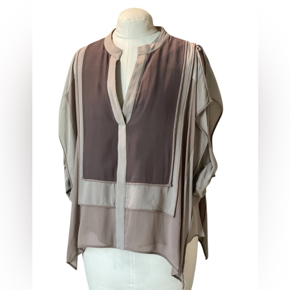 BCBGMaxAzria Runway Women's Silk Chiffon Blouse in Taupe and Brown